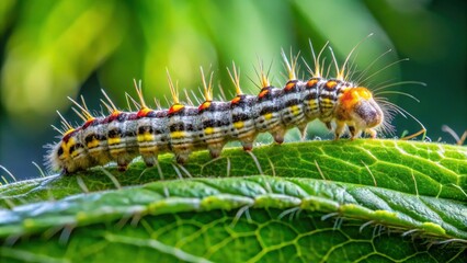 Fototapeta premium A Spiky Caterpillar Crawls Along a Veined Leaf, Its Colorful Segments and Fuzzy Body a Striking Contrast Against the Vibrant Green Foliage