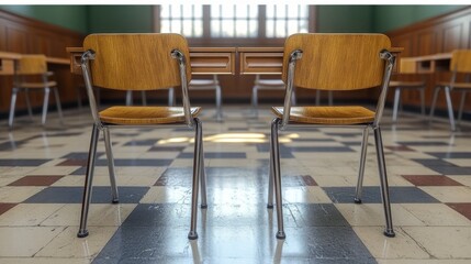 Empty classroom with wooden chairs and checkered floor.