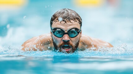 Intense athlete demonstrates strong swimming skills in an indoor pool, highlighting determination and focus during the competition