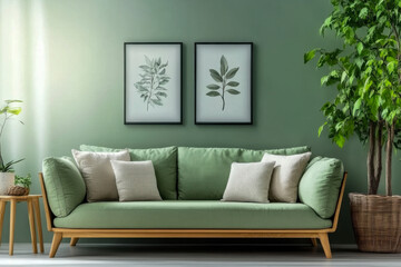 Green mint sofa against green wall with poster frame Boho style interior design of modern living room
