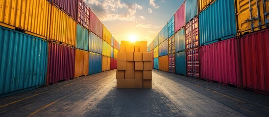 Fototapeta premium Stacked shipping containers with a stack of cardboard boxes in the middle.