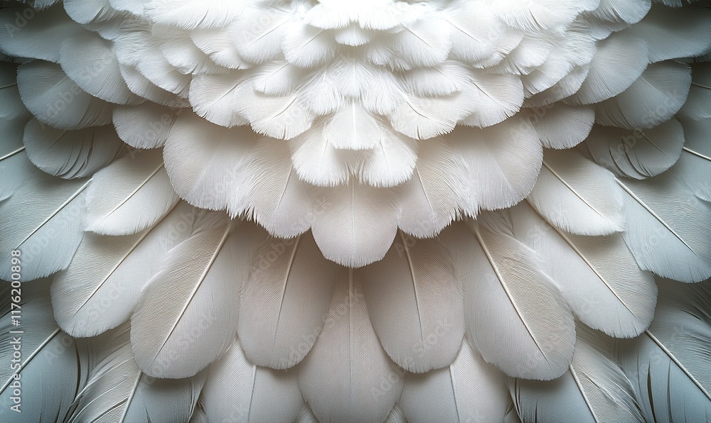 Poster a close-up view of layered white feathers, showcasing intricate textures and patterns.