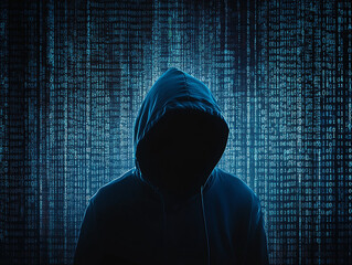 Explore the shadowy presence of a cyber hacker silhouette portraying an anonymous attacker involved in digital hacking and network-related cybercrime activities