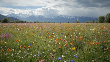 Obraz premium A field of wildflowers with a mountain in the background