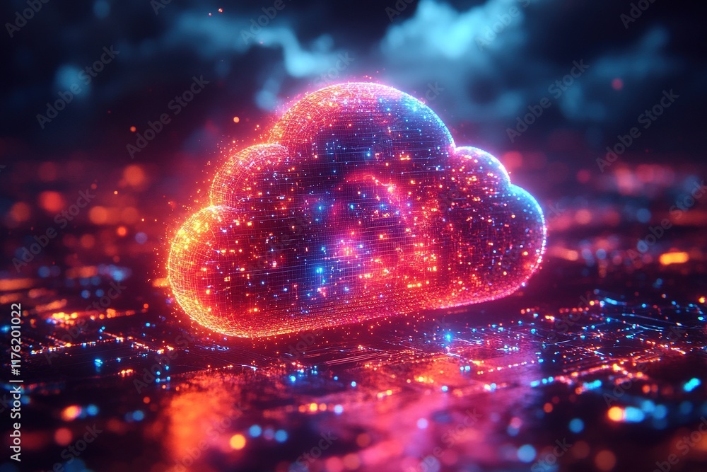 Poster a vibrant digital cloud illuminated with glowing particles, symbolizing data storage and technology.