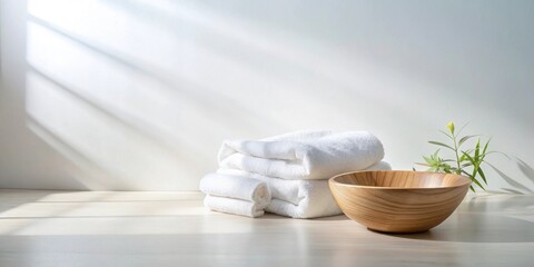 Fototapeta na wymiar Soft, folded white towels and a natural wooden bowl on a light surface illuminated by sunlight streaming through a window