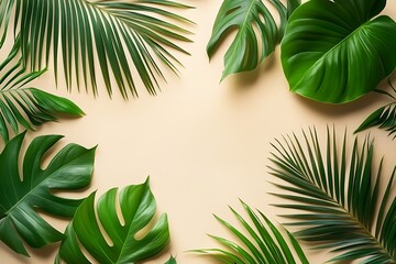 Obraz premium Tropical leaves forming a frame on a beige background, creating a vibrant and exotic summer beach atmosphere
