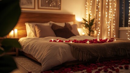 Romantic Bedroom Setup with Rose Petals and Soft Lighting for a Cozy Ambiance Perfect for Celebrations, Anniversaries, or Intimate Gatherings with Loved Ones