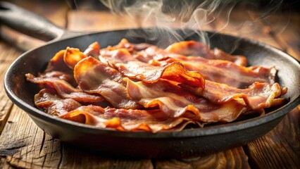 Crisp, golden brown strips of bacon steaming in a cast iron skillet, an irresistible aroma filling the air