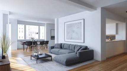 Fototapeta premium A large living room with a couch, coffee table, and a dining table