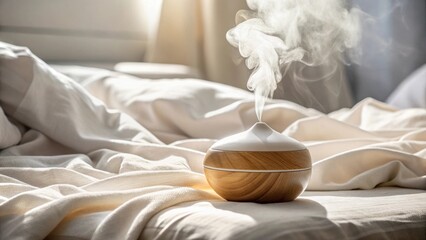 Aromatherapy diffuser gently emitting a calming mist into the peaceful atmosphere of a pristine bedroom