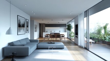 Fototapeta premium A large living room with a couch, a coffee table, and a potted plant