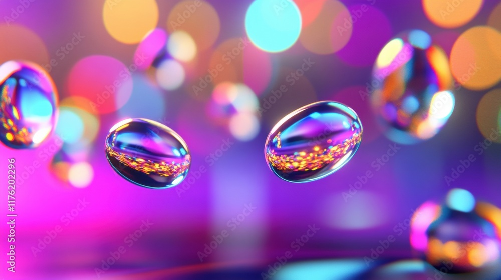 Aufkleber suspended capsules drift through a dreamy space filled with bokeh lights, creating a captivating ble