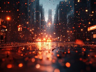 Fototapeta premium A moody urban scene with glowing lights and reflections on a wet street, creating an atmospheric ambiance.