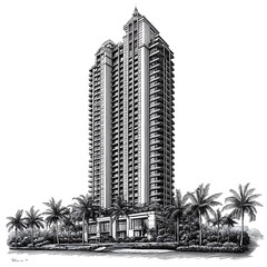 Monochrome Pen-and-Ink Drawing of a Modern High-Rise Building Surrounded by Palm Trees.