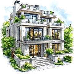 Fototapeta premium Architectural rendering of a modern three-story house with balconies and lush landscaping.