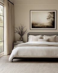 A serene bedroom interior showcasing a calming neutral color palette.