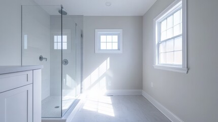 Fototapeta premium A bathroom with a glass shower stall and a window