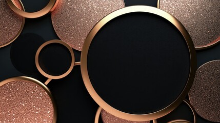 Abstract Composition of Circular Frames with Black Central Areas and Glittering Rose Gold Accents Placed Against a Dark Background for Elegant Design Use