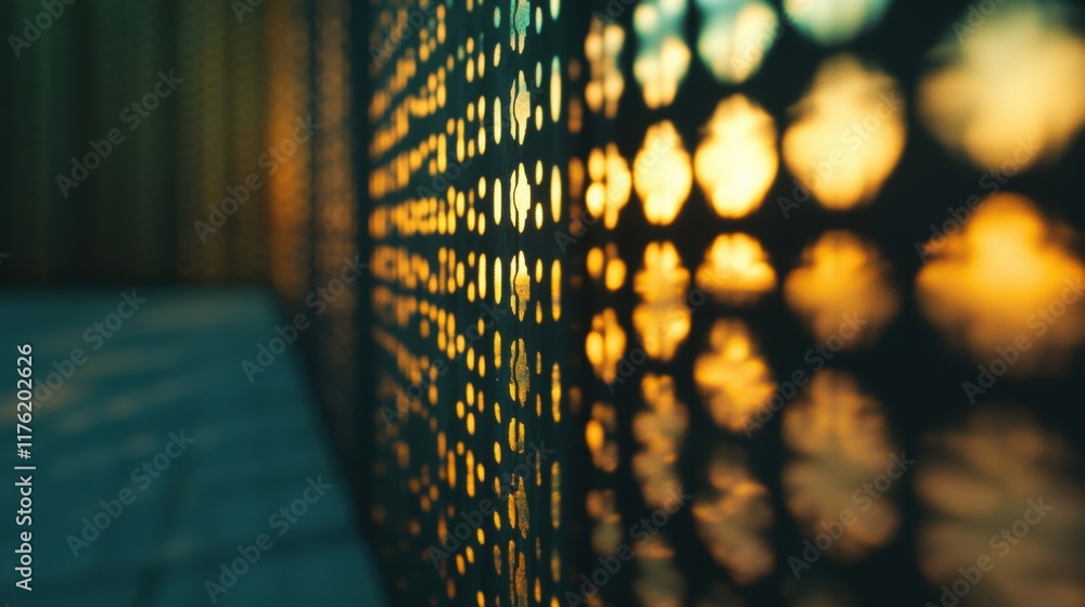 Poster soft sunlight filters through a patterned surface, casting intricate shadows on the ground during th