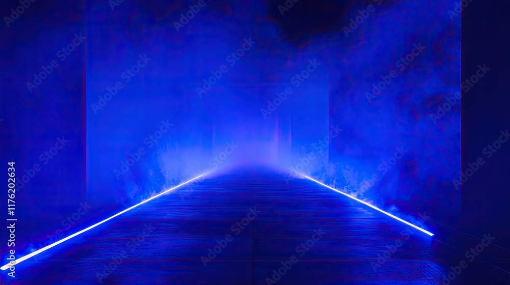 Poster ethereal blue fog and light setup with neon illumination creating a dramatic perspective in a modern