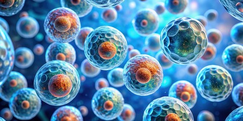 A microcosm of life, a vibrant dance of transparent spheres containing smaller spheres, each a universe of its own, suspended in a sea of blue.