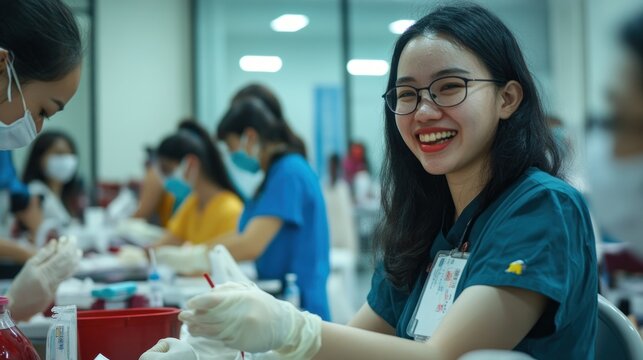 Smiling young female medical volunteer during a blood donation drive. - Powered by Adobe
