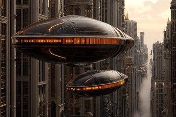 Fototapeta premium Futuristic cityscape featuring sleek, hovering spacecraft among towering buildings, showcasing a blend of advanced technology and urban design.