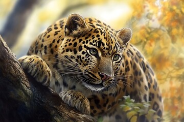 Obraz premium Majestic amur leopard resting on a tree branch in a vibrant autumn forest, showcasing its beautiful spotted coat and intense gaze
