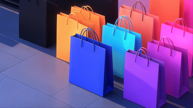 Colorful gradient shopping bags arrangement, Modern retail marketing concept