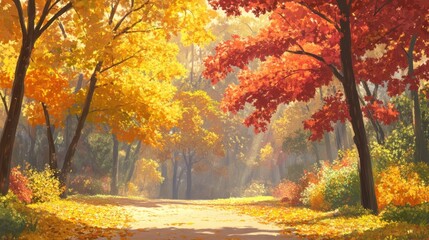 Serene Autumn Pathway Surrounded by Vibrant Red and Gold Leaves in a Tranquil Forest Setting Bathed in Soft Golden Light
