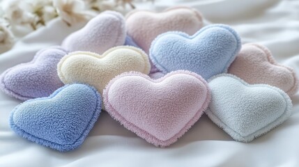 Fototapeta premium Soft fabric hearts in pastel colors arranged in a pile with open space for text close up adorable theme whimsical overlay nursery backdrop