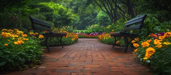 Two empty benches facing each other on a brick pathway lined with colorful flowers in a lush green garden.
