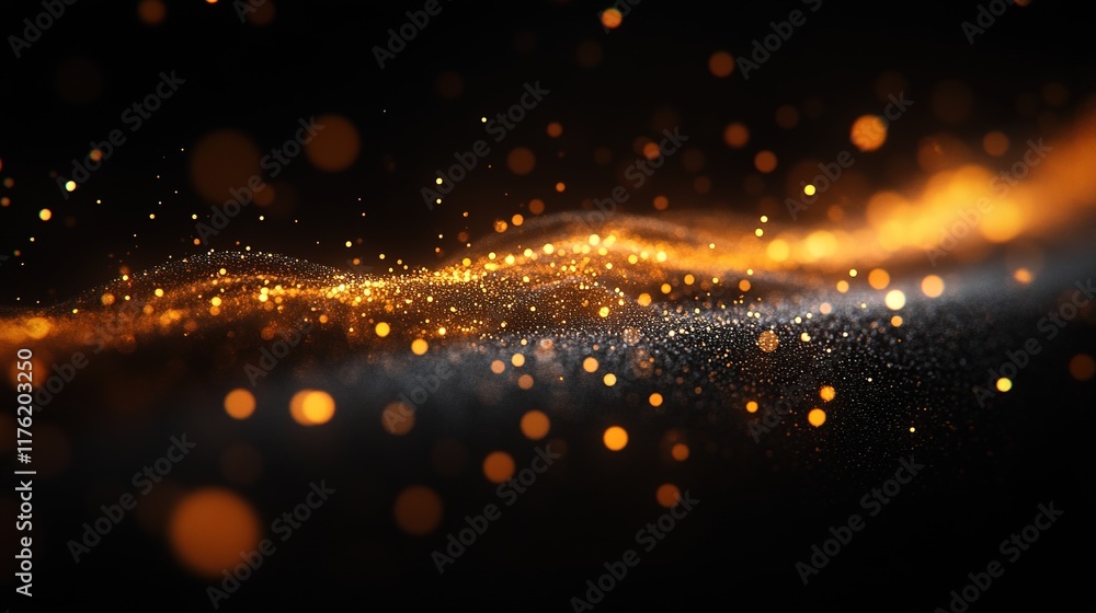 Poster a mesmerizing abstract representation of shimmering particles and waves in warm tones.