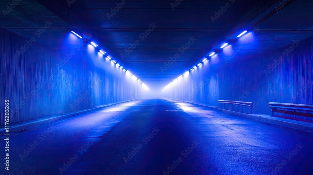 Poster ethereal blue light illuminating empty tunnel with a mysterious glow and fog enhancing ambiance for 