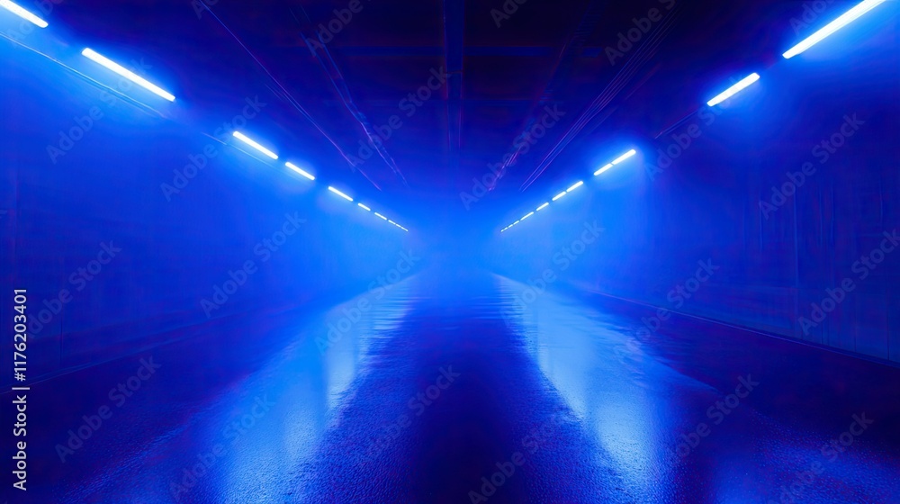 Aufkleber serene and mysterious blue lit tunnel with reflections in wet surface evoking a sense of isolation a