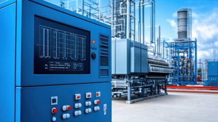 Blue Industrial Control Panel in a Modern Power Plant with Equipment and Infrastructure in the Background