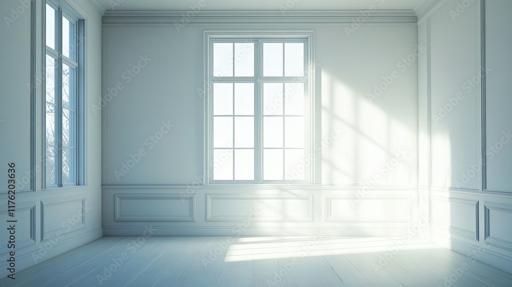 Poster empty bright room with large windows, sunlight casting soft shadows on white walls and floor, ideal 