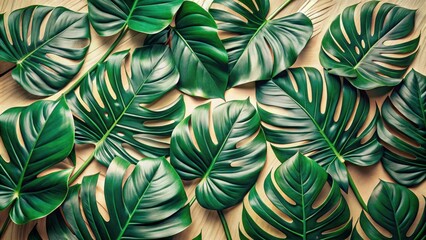 A close-up view of lush, vibrant green leaves arranged in a natural pattern on a warm, textured surface.