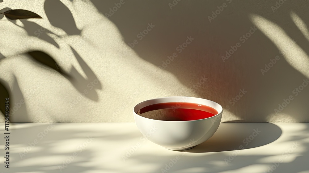 Poster bowl of vibrant red liquid placed on minimalist surface with soft shadows and natural light creating