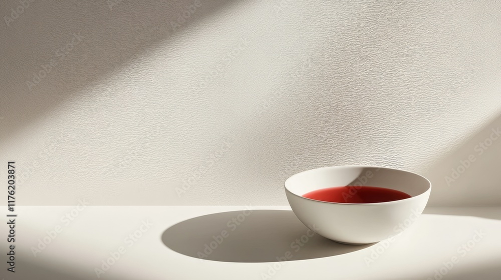 Poster minimalistic composition of a white bowl filled with red liquid on a light surface with soft shadow 