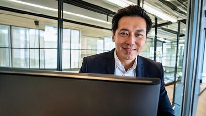 Fototapeta premium Close up portrait of smiling Asian businessman in office with computer.