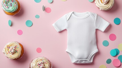 Baby bodysuit mockup and birthday A flat lay image featuring a white baby onesie surrounded by colorful cupcakes and confetti on a pink background.
