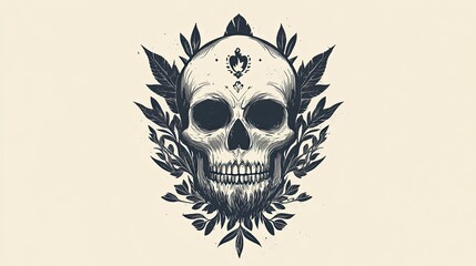 Obraz premium Ornate skull design with detailed leaves and floral elements, vintage style.