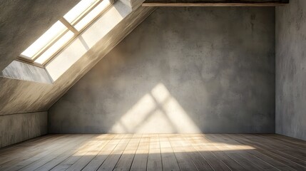 Obraz premium features an empty room with concrete walls, a wooden floor, and soft skylight filtering through a window, creating a serene and spacious atmosphere with ample copy-space for various creative uses