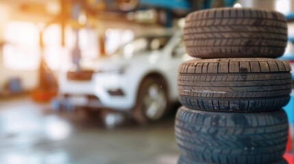 New tires are neatly stacked in a workshop with a white vehicle under service, illuminated by natural daylight