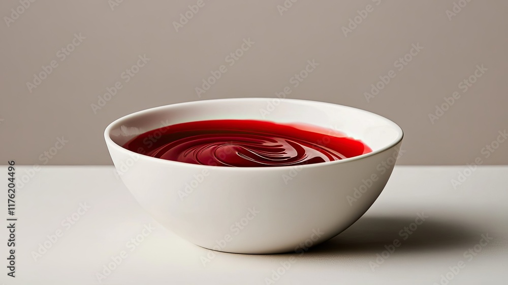 Poster a close-up shot of a white bowl filled with glossy red sauce or syrup against a minimalistic backgro