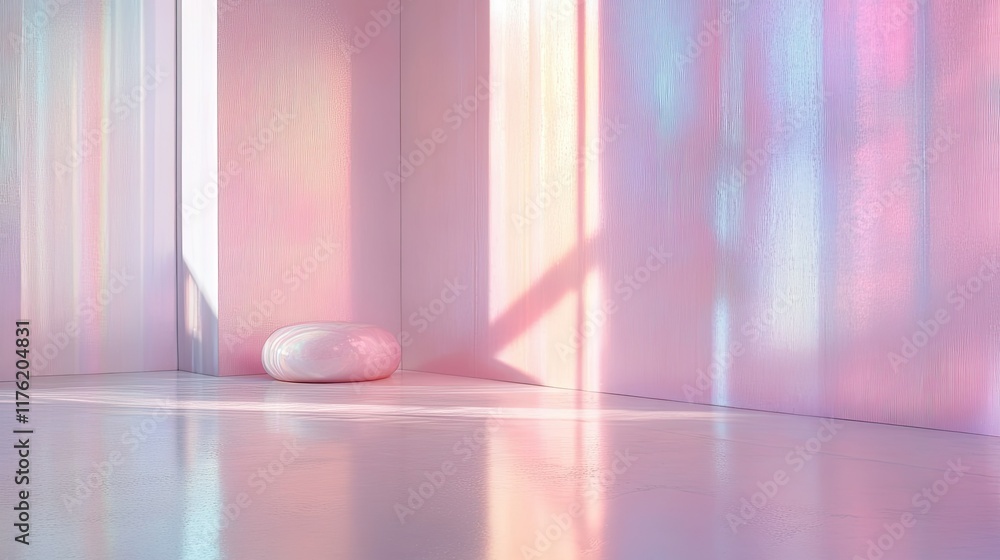 Poster serene and dreamy interior setting with soft pastel colors and rainbow reflections on wall emphasizi
