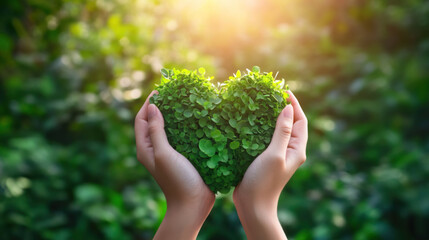 Hands Holding Green Plant Heart Against Nature Background. World Earth Day Concept