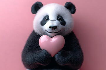 Cute panda holding a soft pink heart on a pastel pink background, perfect for Valentine’s Day, love, or playful and whimsical designs